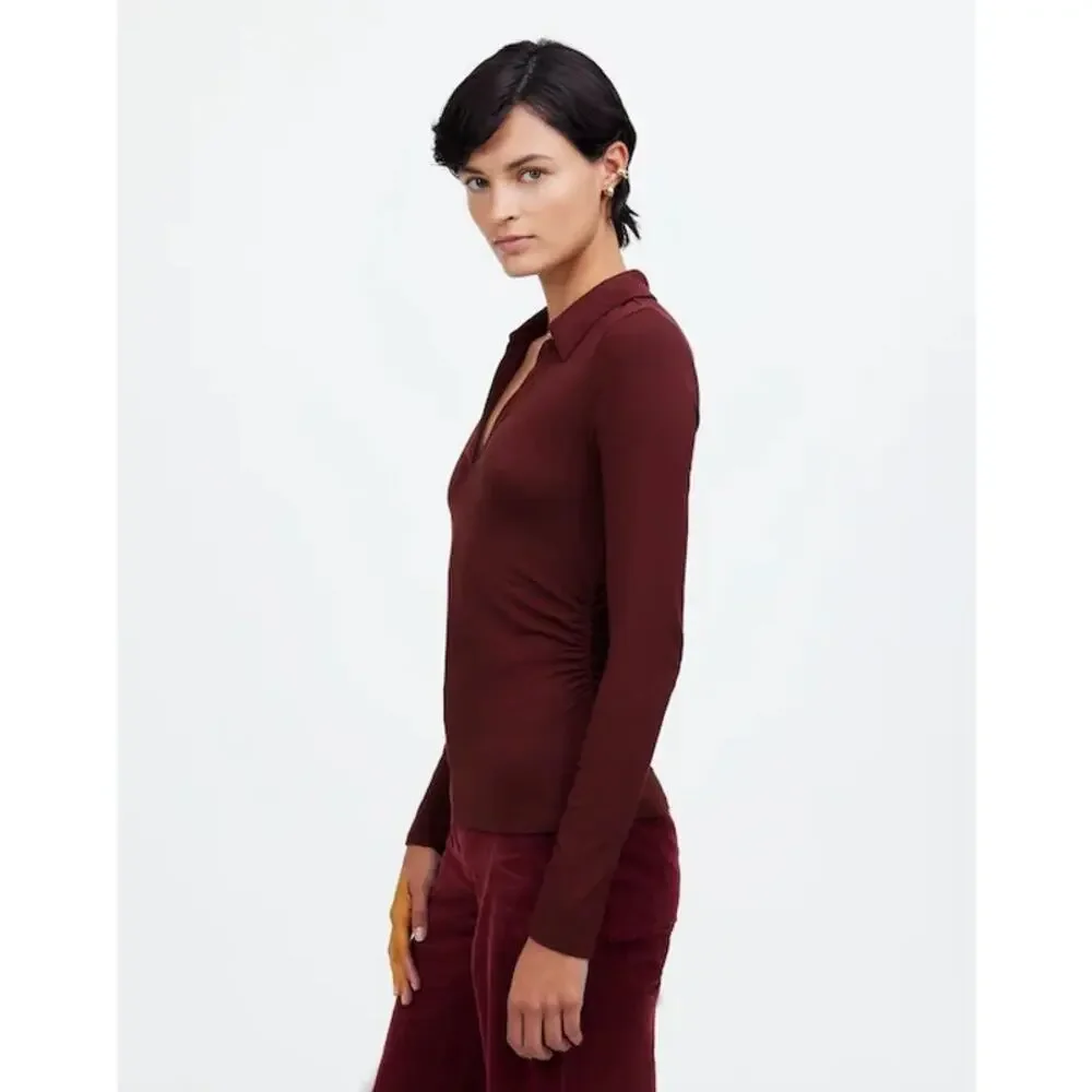 $58 Madewell Side-Cinch Long-Sleeve Polo Top - small - Burgundy - Picture 4 of 11